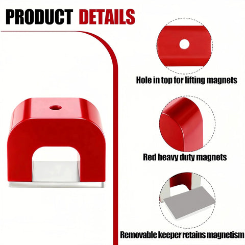 Red cast horseshoe magnet with top lifting hole; front view with removable keeper.