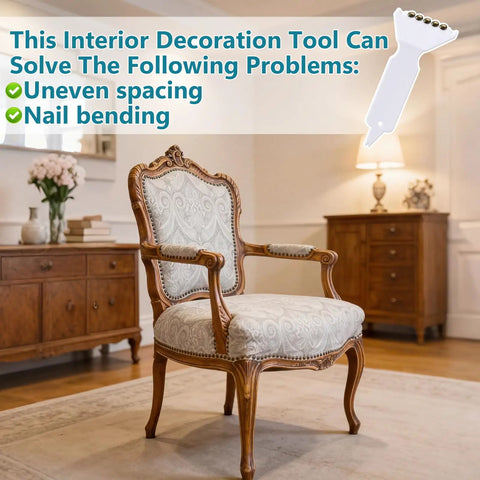 7.5 Inch Quick Fancy Nailer Spacer Set With Two White Spacers And 200pcs Antique Bronze Round Decorative Nails For Furniture Renovation upholstery tools and chair in living room.