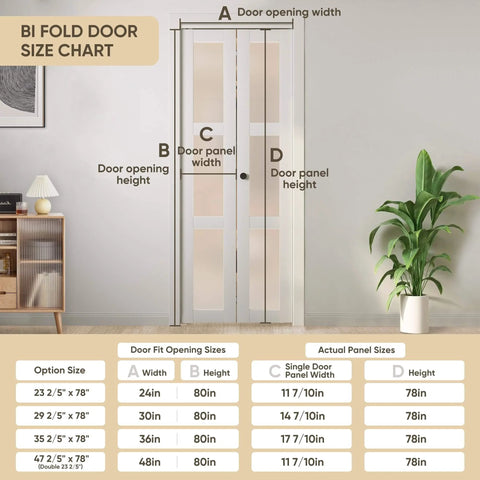 Solid Wood Bifold Closet Doors For 30 By 80 Inch Opening 3 Lite Tempered Frosted Glass Barn Style Folding Door With Hardware Kit MDF Core And Waterproof PVC Surface White Finish size chart.