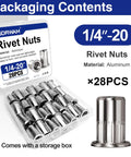 1/4-20 Aluminum Rivet Nuts Set With Threaded Inserts Rivnuts UNC Nutserts, Lightweight Aluminum Fasteners, 28 Pieces