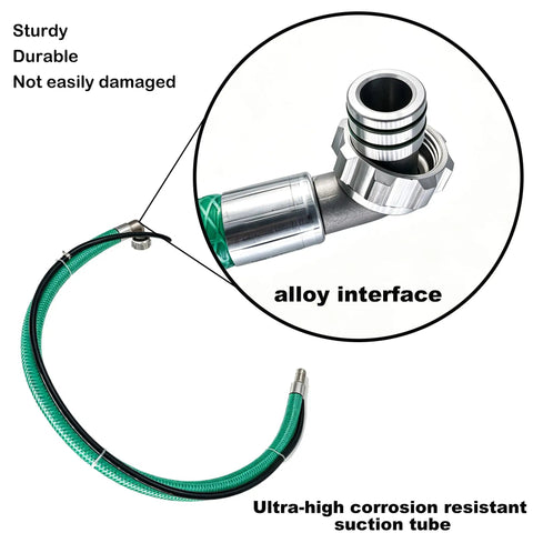 Pro Level Airless Paint Sprayer With 850W Motor For House Painting And Diy Furniture showing sturdy green suction hose with alloy interface.