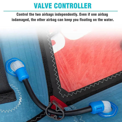 Inflatable Surf Wing For Wind Wing Foiling And Surfing, 4.2 Square Meters, valve controller detail, blue wing and safety valves