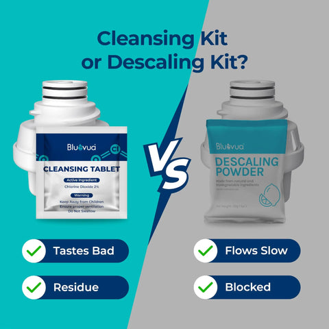 Cleansing Kit For RO100ROPOT And RO100ROPOT UV Countertop Systems To Support Internal Cleaning, Protect Filters, Preserve Performance, Easy DIY Maintenance Kit For Fresh Water And Optimal System Life. Bluevua cleansing tablet bag and descaling powder pouch comparison