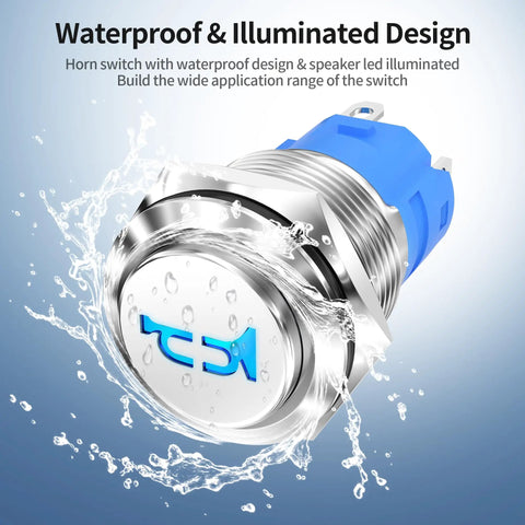 12V Momentary Horn Push Button Switch With Blue LED, stainless steel, waterproof design, with water splash illustration