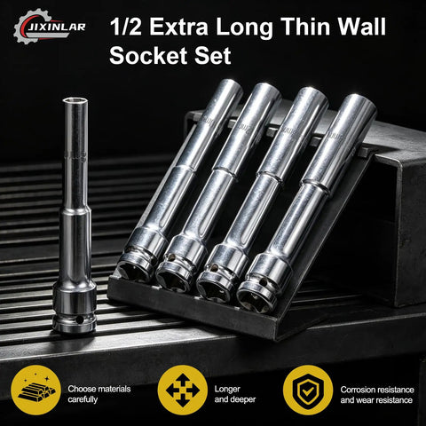 Grab This Bad Boss 5 Pcs Extra Long Thin Wall Metric Socket Set In 8 To 14mm Sizes For Heavy Duty Impact Work That Crushes The Tough Stuff With Reliable Cr V Steel Performance. 1/2in CR-V long thin wall sockets