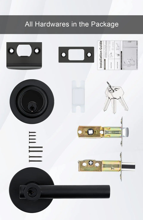 Keyed Alike Matte Black Front Entry Door Handle With Deadbolt Set For Exterior Doors, shown with hardware and keys included