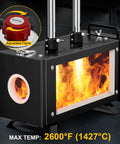 Dual Burner Propane Forge Kit With Openable Door 2600 F Gas Forge for blacksmithing showing flame and adjustable 30 PSI regulator.