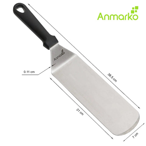 Stainless Steel Spatula Set For Grill And Griddle Heavy Duty Hibachi Style Spatula Turner with measurements, black handle