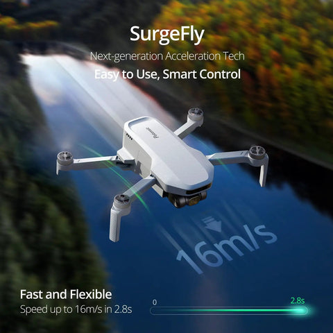 Lightweight Foldable GPS Drone With 4K EIS Camera Under 249g flying over a river, showcasing speed of 16m/s with SurgeFly technology.
