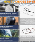 Comparison chart of heavy duty 304 stainless steel zip ties vs nylon ties, highlighting rustproof, tensile strength, and weather resistance