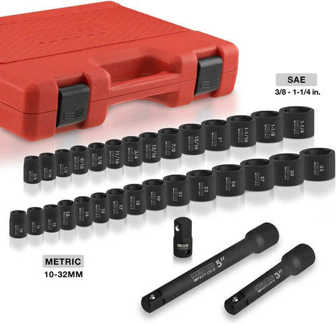 Half Inch Drive Master Impact Socket Set 32 Piece Shallow Socket Kit For Real Tough As Nails Automotive Work With SAE Three Eighths To One And Quarter Inch And Metric Ten To Thirty Two Millimeter Sizes CRV Steel, tools displayed on white background with red case