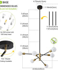 Diagram of Sputnik Chandelier Pendant Light Black And Gold with dimensions, E26 bulb compatibility, adjustable rods, and installation details.