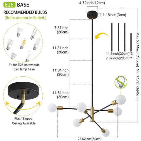 Diagram of Sputnik Chandelier Pendant Light Black And Gold with dimensions, E26 bulb compatibility, adjustable rods, and installation details.