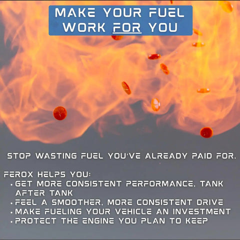 Flames and text promoting fuel tablets for improving engine performance and efficiency in cars