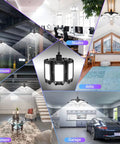 4 Pack 200W LED Shop Lights With 20000 Lumens, Deformable Ceiling Panels, illuminating various settings like attic and garage