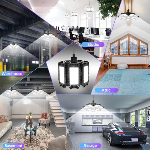 4 Pack 200W LED Shop Lights With 20000 Lumens, Deformable Ceiling Panels, illuminating various settings like attic and garage