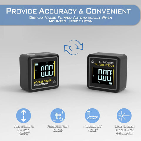 Mini Digital Angle Finder With Beefed Up Four Side Magnets For Table Saw Miter Protractor And Woodworking Measurements Plus Built In Level Box, showing dual LCD displays and compact design.