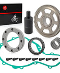 Flywheel Puller And Starter Clutch Kit With 72T One Way Bearing Idler Gear And Gasket For Polaris Predator And Outlaw 500 2003 To 2007 Replacement Parts 3088048 3088049 3089451 displayed with gear and gasket parts.