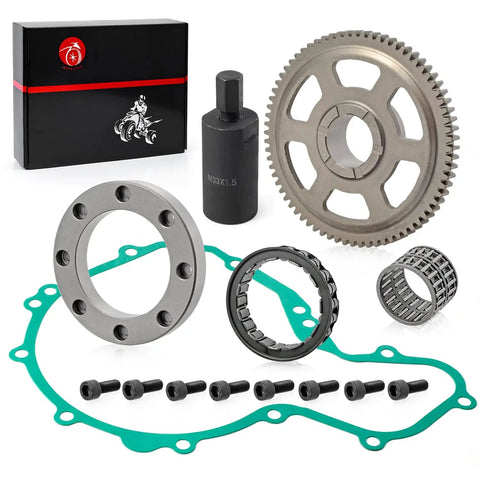 Flywheel Puller And Starter Clutch Kit With 72T One Way Bearing Idler Gear And Gasket For Polaris Predator And Outlaw 500 2003 To 2007 Replacement Parts 3088048 3088049 3089451 displayed with gear and gasket parts.