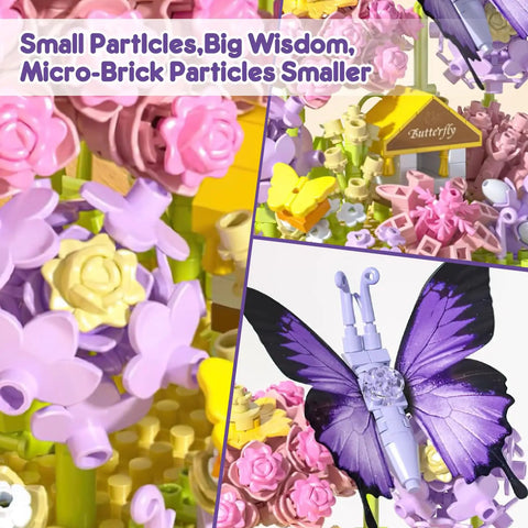 Two Pack Flower Bouquet Building Sets With LED Lighting, Botanical Mini Block Kit Featuring Bees And Butterflies, flower and butterfly close-up