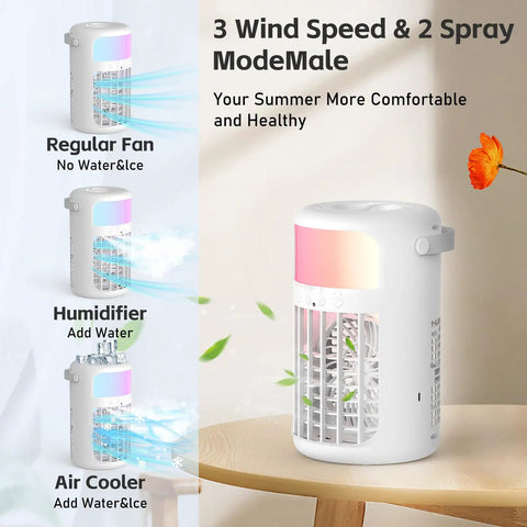 Game Changer 4 In 1 Portable Air Conditioner Humidifier Fan With Remote, 3 Speeds, 1500ml Tank shown on wooden table