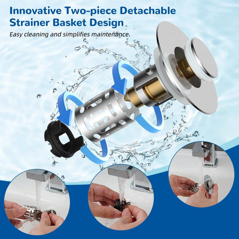 Hibbent 3-in-1 bathroom sink drain strainer with chrome finish and removable stainless steel filter basket