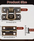 6 Piece Antique Bronze Latch And Hinges Set With Screws For Jewelry Boxes And Small Cabinets, showing latch, hinge, screws and sizes.