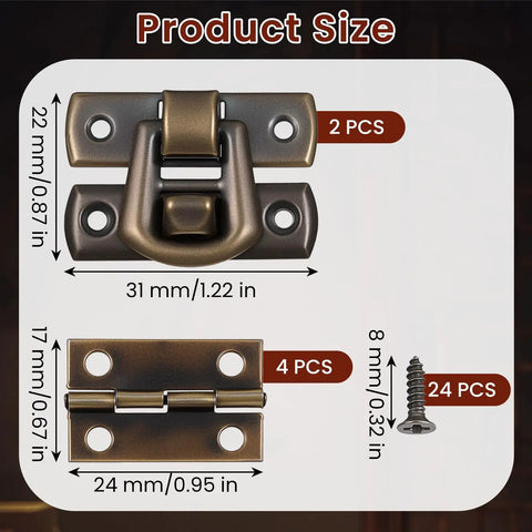 6 Piece Antique Bronze Latch And Hinges Set With Screws For Jewelry Boxes And Small Cabinets, showing latch, hinge, screws and sizes.