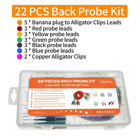 Back Probe Kit For Electrical Testing With 15 Back Probe Pins, 5 Banana Plug To Alligator Clip Wires, 2 Nickel Clips