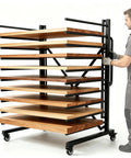 Knockout Heavy Duty Steel Paint Drying Rack With Smooth Rolling Caster Wheels For Cabinet Doors Drawer Panels And Wood Trim Sweet Vertical Organizer Setup In Charcoal Black, 10 tier, mobile, holding wood panels.