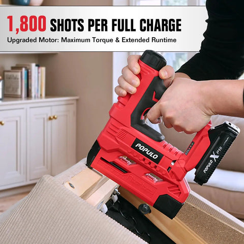 Rock Solid 20V Cordless Brad Nailer And Stapler Combo 18 Gauge Two In One Power Tool for smooth woodworking in use on furniture.