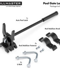 Pool gate latch set with auto latch, rod stabilizer brackets, fasteners, U-bolts. Heavy Duty Pool Gate Latch For Chain Link Fences 1 3/8 Inch Frames And 1 7/8 Inch Posts, Push Style Self-Latching Outdoor Fence Latch With Spring Closer, Easy Install, Adjustable And Reversible Swing