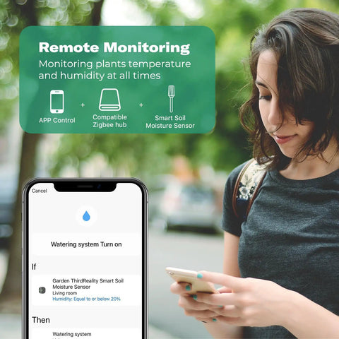Woman using smartphone to monitor Smart Soil Moisture Sensor with Capacitive Probe and Temperature Meter via app outdoors