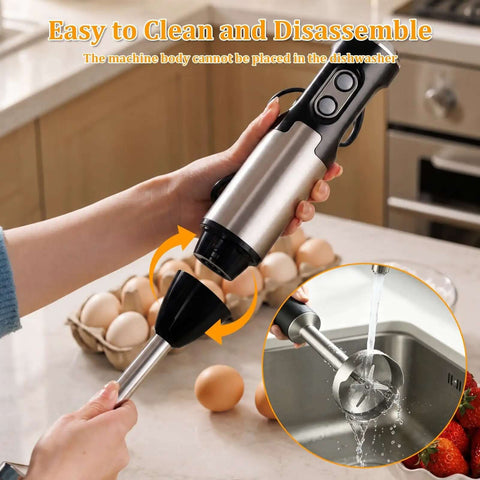 Heavy Duty Stainless Steel Immersion Blender With Turbo Control And Versatile Attachments For No Sweat Smoothie Blending Silky Soups Creamy Shakes And Easy Kitchen Work being disassembled for easy cleaning.