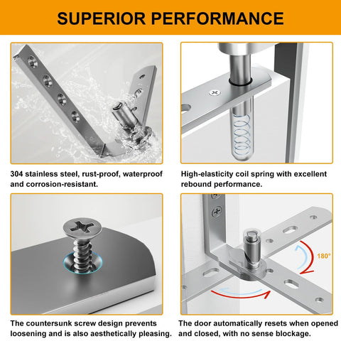 Saloon door hinges, 304 stainless steel with self-return springs; two sets, includes screws.