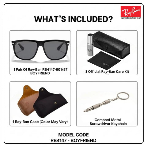 RB4147 Square Sunglasses For Men With Non Polarized Gray Lenses Modern Edge Frame Built For Everyday Style Boss Ready For Formal And Casual Looks Durable Construction Includes Eyewear Kit For Quick Setup, showing contents including case and care kit.