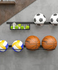 Wall Mounted Basketball Rack And Football Holder For Garage Sidekick, Adjustable Diy Soccer Stand With Basket, Hella Durable Black Metal Game Ball Organizer with various sports balls.