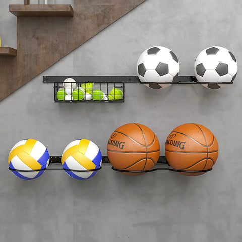 Wall Mounted Basketball Rack And Football Holder For Garage Sidekick, Adjustable Diy Soccer Stand With Basket, Hella Durable Black Metal Game Ball Organizer with various sports balls.