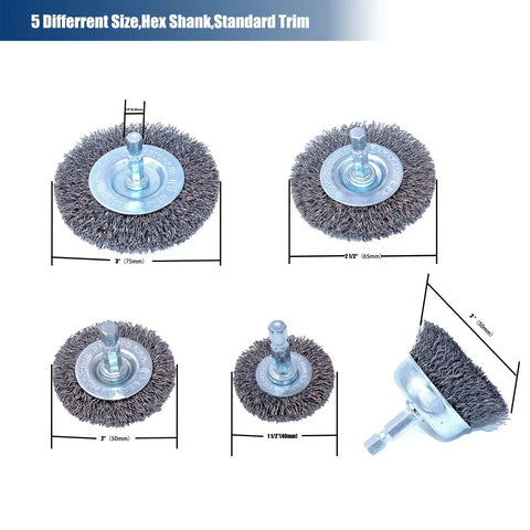 18Piece Wire Wheel Cup Brush Set For Drills With One Quarter Inch Hex Shank, showing five different brush sizes and angles