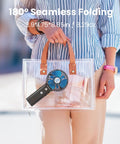 Clear handbag with Detachable Handle Dope Portable Fan With 5200mAh Power Bank Rechargeable Personal Handheld Fan visible inside