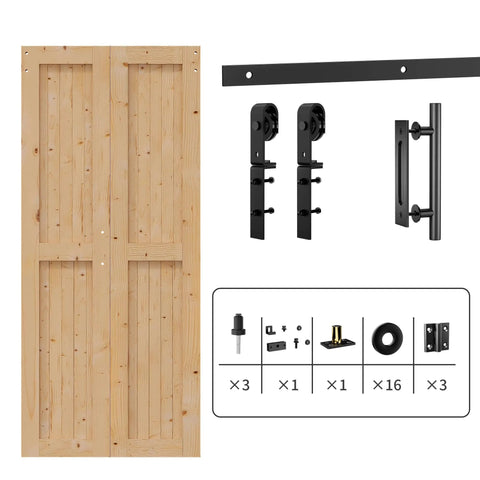 Bi-Fold Barn Door Set 48 By 84 Inches With 52 Inch Bifold Hardware Kit For Two Doors No Assembly No Fuss Setup Solid Spruce Wood Folding Doors And Double Sided Handle Pulls Included.