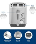 2 Slice Stainless Steel Toaster With Extra Wide Slots For Bagels, Bread, Waffles And More, 7 Shade Settings shown front view