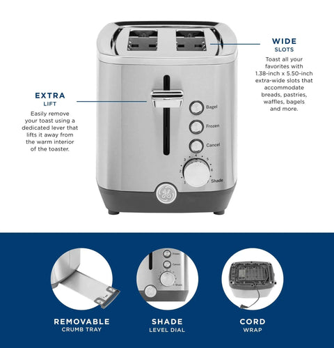 2 Slice Stainless Steel Toaster With Extra Wide Slots For Bagels, Bread, Waffles And More, 7 Shade Settings shown front view