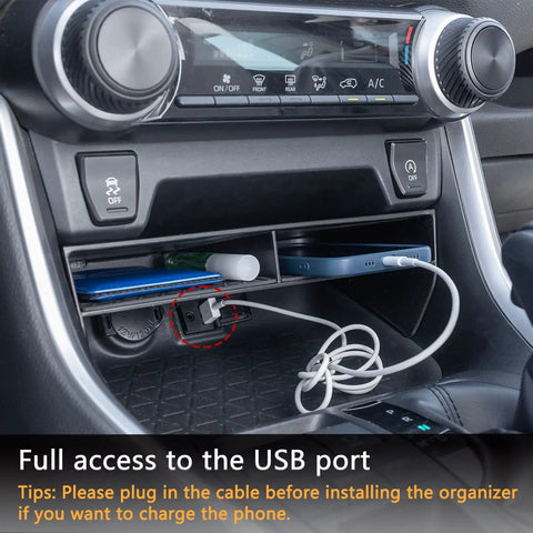 Center Console Organizer For Toyota RAV4 2019-2025 And RAV4 Prime, Bigger Slots Tray With 1.14 Inch Divider installed, showing USB access