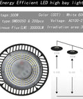 UFO LED High Bay Light 300W close-up, with specs: 33,000 Lumens, 6000K, showing circular design, plug, and irradiation area