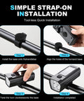 Dope 300 Lumen USB Rechargeable Bike Lights installation steps on handlebars, showing attachment and alignment details.