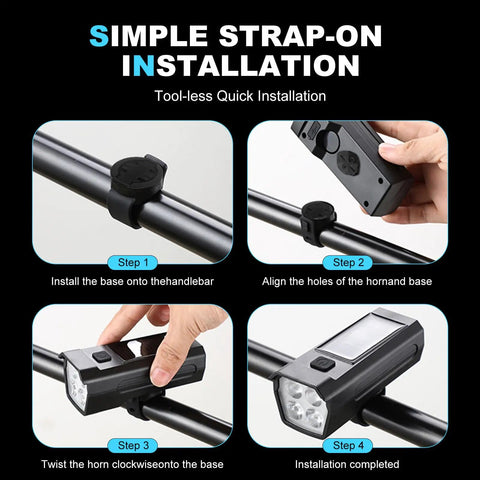 Dope 300 Lumen USB Rechargeable Bike Lights installation steps on handlebars, showing attachment and alignment details.