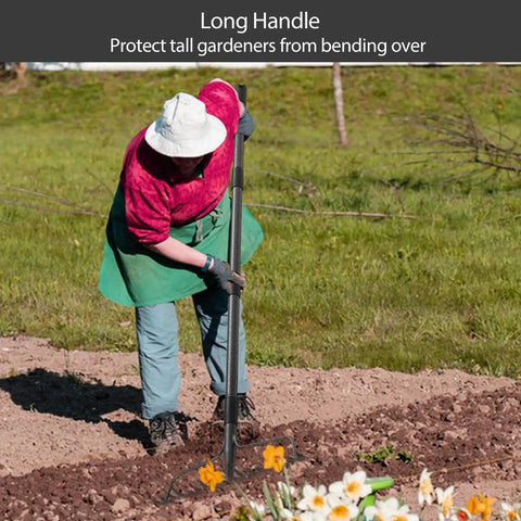 Gardener using Heavy Duty Metal Garden Rake With 17 Prongs And Long Handle For Loosening Soil Leveling Lawns in flower bed