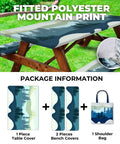 Image of Six Foot Polyester Picnic Table Cover Set With Bench Covers Windproof Waterproof For Camping RV Trips Includes Carrying Bag Measures 72 By 30 Inches Four Pieces Blue displayed on a wooden picnic table with a mountain print design.