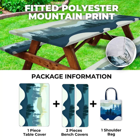 Image of Six Foot Polyester Picnic Table Cover Set With Bench Covers Windproof Waterproof For Camping RV Trips Includes Carrying Bag Measures 72 By 30 Inches Four Pieces Blue displayed on a wooden picnic table with a mountain print design.